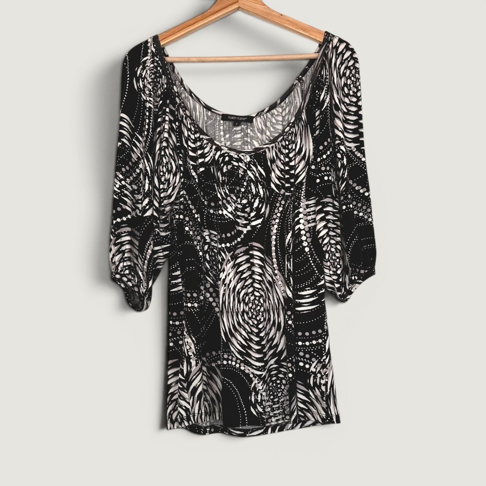 Vintage Karen Kane Y2K Black White Abstract Swirl Print Scoop Neck Top Small